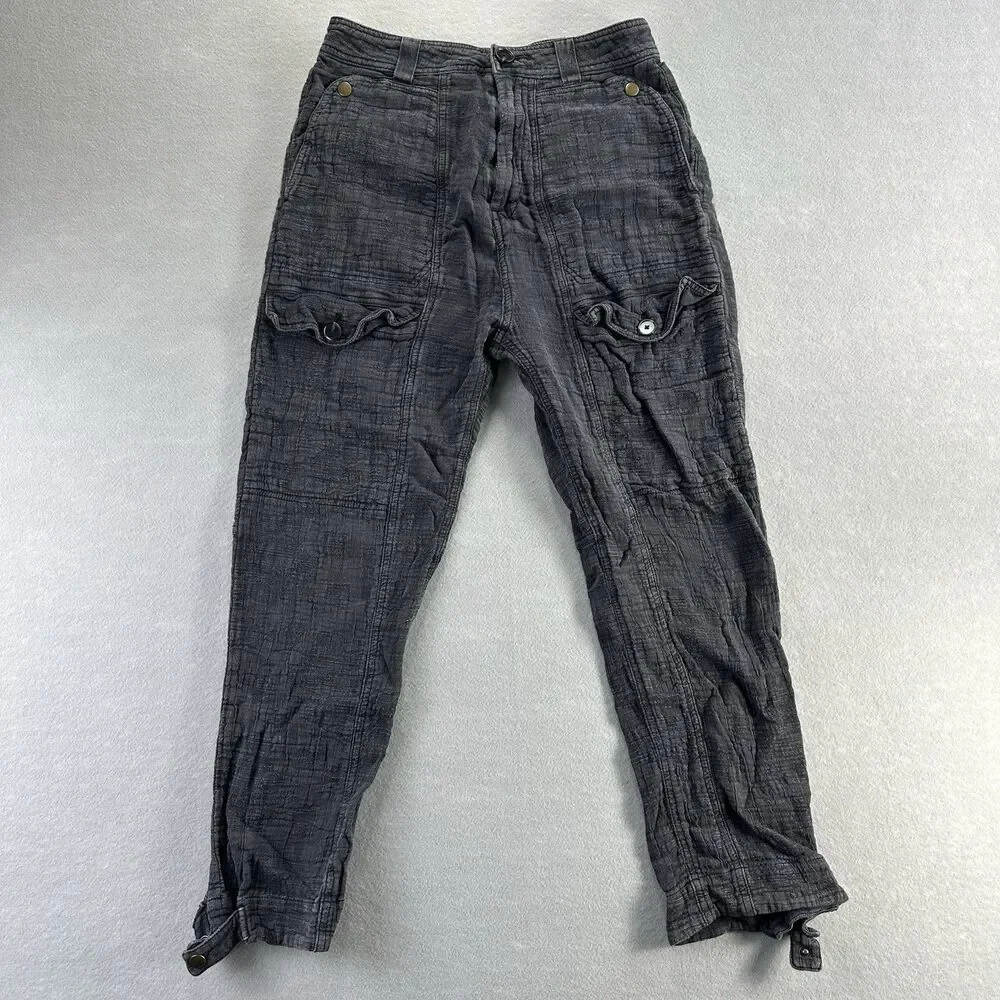 Anthropologie Crinkled Cotton‎ Utility Front Cargo Pants 2 Charcoal Gray Boho